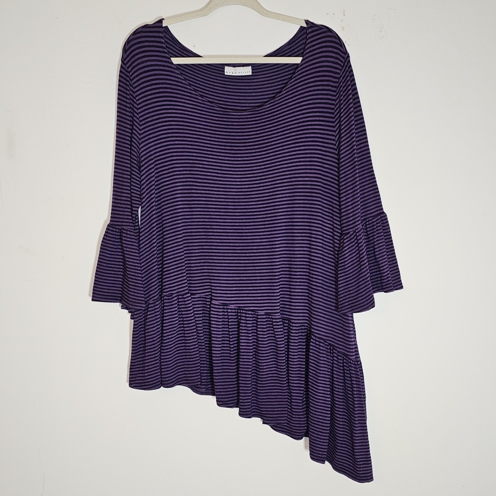 Bryn Walker Top Womens Small Purple Stripe Asymmetrical Ruffle Tunic HAS FLAWS S